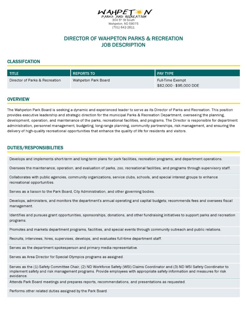 parks director job description page 1 image